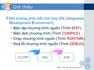 VCVC
&&
BBBB
44
Giới thiệu
Môi trường phát triển tích hợp IDE (Integrated
Development Environment)
 Biên tập chương trình nguồn (Trình EDIT).
 Biên dịch chương trình (Trình COMPILE).
 Chạy chương trình nguồn (Trình RUNTIME).
 Sửa lỗi chương trình nguồn (Trình DEBUG).
NMLT - Giới thiệu ngôn ngữ lập trình C
.C/.CPP .OBJ .EXE
 