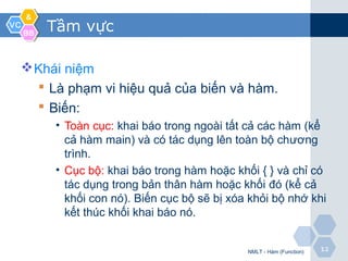 VCVC
&&
BBBB
1212
Tầm vực
Khái niệm
 Là phạm vi hiệu quả của biến và hàm.
 Biến:
• Toàn cục: khai báo trong ngoài tất cả các hàm (kể
cả hàm main) và có tác dụng lên toàn bộ chương
trình.
• Cục bộ: khai báo trong hàm hoặc khối { } và chỉ có
tác dụng trong bản thân hàm hoặc khối đó (kể cả
khối con nó). Biến cục bộ sẽ bị xóa khỏi bộ nhớ khi
kết thúc khối khai báo nó.
NMLT - Hàm (Function)
 