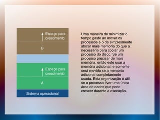 Uma maneira de minimizar o
tempo gasto ao mover os
processos é o de simplesmente
alocar mais memória do que a
necessária para copiar um
processo do disco. Se um
processo precisar de mais
memória, então este usar a
memória adicional, e somente
será movido se a memória
adicional completamente
usada. Esta organização é útil
se o processo tiver uma única
área de dados que pode
crescer durante a execução.
 