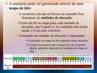 ● A memória pode ser gerenciada através de uma
mapa de bits:
– A memória é divida em blocos de tamanho fixo,
chamamos de unidades de alocação.
– Existe um bit no mapa para cada unidade de
alocação, que é igual a 1 se a unidade está sendo
usada, e 0 em caso contrário.
– O tamanho da unidade de alocação é importante:
● O tamanho do mapa de bits depende deste tamanho.
● O tempo necessário para ocupar por um conjunto
destas unidades depende do tamanho do mapa de
bits.
 