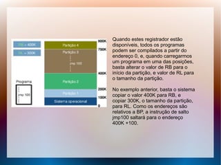 Quando estes registrador estão
disponíveis, todos os programas
podem ser compilados a partir do
endereço 0, e, quando carregarmos
um programa em uma das posições,
basta alterar o valor de RB para o
início da partição, e valor de RL para
o tamanho da partição.
No exemplo anterior, basta o sistema
copiar o valor 400K para RB, e
copiar 300K, o tamanho da partição,
para RL. Como os endereços são
relativos a BP, a instrução de salto
jmp100 saltará para o endereço
400K +100.
 