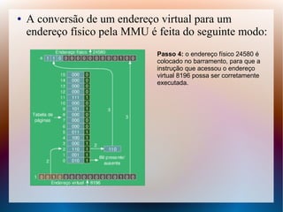 ● A conversão de um endereço virtual para um
endereço físico pela MMU é feita do seguinte modo:
Passo 4: o endereço físico 24580 é
colocado no barramento, para que a
instrução que acessou o endereço
virtual 8196 possa ser corretamente
executada.
 