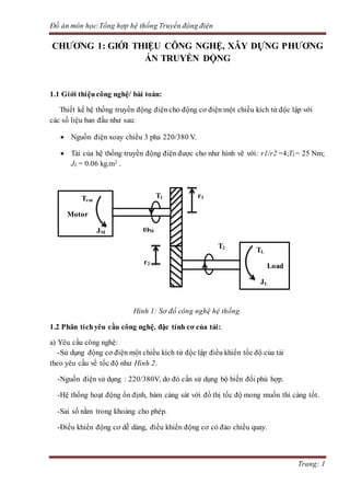 Đồ án môn học:Tổng hợp hệ thống Truyền động điện
Trang: 1
CHƯƠNG 1: GIỚI THIỆU CÔNG NGHỆ, XÂY DỰNG PHƯƠNG
ÁN TRUYỀN ĐỘNG
1.1 Giới thiệucông nghệ/ bài toán:
Thiết kế hệ thống truyền động điện cho động cơ điện một chiều kích từ độc lập với
các số liệu ban đầu như sau:
 Nguồn điện xoay chiều 3 pha 220/380 V.
 Tải của hệ thống truyền động điện được cho như hình vẽ với: r1/r2 =4;TL= 25 Nm;
JL = 0.06 kg.m2 .
T1 r1
ωM
T2
r2
Hình 1: Sơ đồ công nghệ hệ thống.
1.2 Phân tíchyêu cầu công nghệ, đặc tính cơ của tải:
a) Yêu cầu công nghệ:
-Sử dụng động cơ điện một chiều kích từ độc lập điều khiển tốc độ của tải
theo yêu cầu về tốc độ như Hình 2.
-Nguồn điện sử dụng : 220/380V, do đó cần sử dụng bộ biến đổi phù hợp.
-Hệ thống hoạt động ổn định, bám càng sát với đồ thị tốc độ mong muốn thì càng tốt.
-Sai số nằm trong khoảng cho phép.
-Điều khiển động cơ dễ dàng, điều khiển động cơ có đảo chiều quay.
TL
Load
JL
Tem
Motor
JM
 