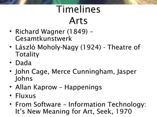 NMNT 2014
Timelines
Arts
• Richard Wagner (1849) –
Gesamtkunstwerk
• László Moholy-Nagy (1924) - Theatre of
Totality
• Dada
• John Cage, Merce Cunningham, Jasper
Johns
• Allan Kaprow – Happenings
• Fluxus
• From Software – Information Technology:
It’s New Meaning for Art, Seek, 1970
 