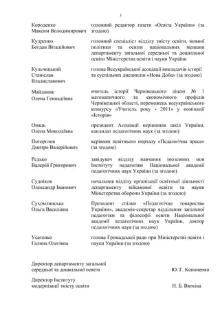 3
Короденко
Максим Володимирович
головний редактор газети «Освіта України» (за
згодою)
Кудренко
Богдан Віталійович
головний спеціаліст відділу змісту освіти, мовної
політики та освіти національних меншин
департаменту загальної середньої та дошкільної
освіти Міністерства освіти і науки України
Кульчицький
Станіслав
Владиславович
голова Всеукраїнської асоціації викладачів історії
та суспільних дисциплін «Нова Доба» (за згодою)
Майданик
Олена Геннадіївна
вчитель історії Чернівецького ліцею № 1
математичного та економічного профілів
Чернівецької області, переможець всеукраїнського
конкурсу «Учитель року - 2011» у номінації
«Історія»
Онаць
Олена Миколаївна
президент Асоціації керівників шкіл України,
кандидат педагогічних наук (за згодою)
Погорєлов
Дмитро Валерійович
керівник освітнього порталу «Педагогічна преса»
(за згодою)
Редько
Валерій Григорович
завідувач відділу навчання іноземних мов
Інституту педагогіки Національної академії
педагогічних наук України (за згодою)
Судніков
Олександр Іванович
начальник відділу організації освітньої діяльності
департаменту військової освіти та науки
Міністерства оборони України (за згодою)
Сухомлинська
Ольга Василівна
Президент спілки «Педагогічне товариство
України», академік-секретар відділення загальної
педагогіки та філософії освіти Національної
академії педагогічних наук України, доктор
педагогічних наук (за згодою)
Усатенко
Галина Олегівна
голова Громадської ради при Міністерстві освіти і
науки України (за згодою)
Директор департаменту загальної
середньої та дошкільної освіти Ю. Г. Кононенко
Директор Інституту
модернізації змісту освіти Н. Б. Вяткіна
 