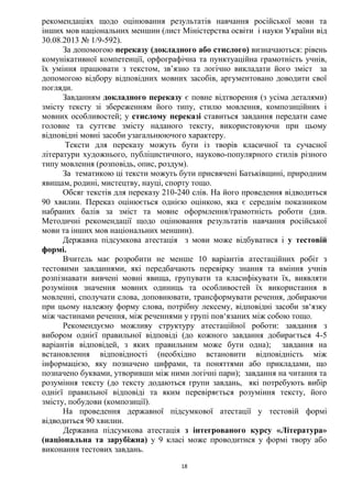 18
рекомендаціях щодо оцінювання результатів навчання російської мови та
інших мов національних меншин (лист Міністерства освіти і науки України від
30.08.2013 № 1/9-592).
За допомогою переказу (докладного або стислого) визначаються: рівень
комунікативної компетенції, орфографічна та пунктуаційна грамотність учнів,
їх уміння працювати з текстом, зв’язно та логічно викладати його зміст за
допомогою відбору відповідних мовних засобів, аргументовано доводити свої
погляди.
Завданням докладного переказу є повне відтворення (з усіма деталями)
змісту тексту зі збереженням його типу, стилю мовлення, композиційних і
мовних особливостей; у стислому переказі ставиться завдання передати саме
головне та суттєве змісту наданого тексту, використовуючи при цьому
відповідні мовні засоби узагальнюючого характеру.
Тексти для переказу можуть бути із творів класичної та сучасної
літератури художнього, публіцистичного, науково-популярного стилів різного
типу мовлення (розповідь, опис, роздум).
За тематикою ці тексти можуть бути присвячені Батьківщині, природним
явищам, родині, мистецтву, науці, спорту тощо.
Обсяг текстів для переказу 210-240 слів. На його проведення відводиться
90 хвилин. Переказ оцінюється однією оцінкою, яка є середнім показником
набраних балів за зміст та мовне оформлення/грамотність роботи (див.
Методичні рекомендації щодо оцінювання результатів навчання російської
мови та інших мов національних меншин).
Державна підсумкова атестація з мови може відбуватися і у тестовій
формі.
Вчитель має розробити не менше 10 варіантів атестаційних робіт з
тестовими завданнями, які передбачають перевірку знання та вміння учнів
розпізнавати вивчені мовні явища, групувати та класифікувати їх, виявляти
розуміння значення мовних одиниць та особливостей їх використання в
мовленні, сполучати слова, доповнювати, трансформувати речення, добираючи
при цьому належну форму слова, потрібну лексему, відповідні засоби зв‘язку
між частинами речення, між реченнями у групі пов‘язаних між собою тощо.
Рекомендуємо можливу структуру атестаційної роботи: завдання з
вибором однієї правильної відповіді (до кожного завдання добирається 4-5
варіантів відповідей, з яких правильним може бути одна); завдання на
встановлення відповідності (необхідно встановити відповідність між
інформацією, яку позначено цифрами, та поняттями або прикладами, що
позначено буквами, утворивши між ними логічні пари); завдання на читання та
розуміння тексту (до тексту додаються групи завдань, які потребують вибір
однієї правильної відповіді та яким перевіряється розуміння тексту, його
змісту, побудови (композиції).
На проведення державної підсумкової атестації у тестовій формі
відводиться 90 хвилин.
Державна підсумкова атестація з інтегрованого курсу «Література»
(національна та зарубіжна) у 9 класі може проводитися у формі твору або
виконання тестових завдань.
 