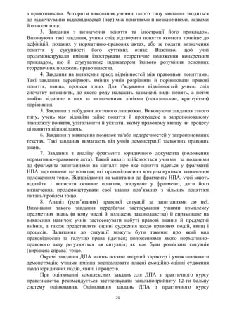 21
з правознавства. Алгоритм виконання учнями такого типу завдання зводиться
до підшукування відповідностей (пар) між поняттями й визначеннями, назвами
й описом тощо.
3. Завдання з визначення поняття та ілюстрації його прикладом.
Виконуючи такі завдання, учням слід відтворити поняття якомога точніше до
дефініцій, поданих у нормативно-правових актах, або ж подати визначення
поняття у сукупності його суттєвих ознак. Важливо, щоб учні
продемонстрували вміння ілюструвати теоретичне положення конкретним
прикладом, що й слугуватиме індикатором їхнього розуміння основних
теоретичних положень правознавства.
4. Завдання на виявлення трьох відмінностей між правовими поняттями.
Такі завдання перевіряють вміння учнів розрізняти й порівнювати правові
поняття, явища, процеси тощо. Для з’ясування відмінностей учневі слід
спочатку визначити, до якого роду належать зазначені види понять, а потім
знайти відмінне в них за визначеними лініями (показниками, критеріями)
порівняння.
5. Завдання з побудови логічного ланцюжка. Виконуючи завдання такого
типу, учень має віднайти зайве поняття й пропущене в запропонованому
ланцюжку поняття, узагальнити й указати, якому правовому явищу чи процесу
ці поняття відповідають.
6. Завдання з виявлення помилок та/або недоречностей у запропонованих
текстах. Такі завдання вимагають від учнів демонстрації засвоєних правових
знань.
7. Завдання з аналізу фрагмента юридичного документа (положення
нормативно-правового акта). Такий аналіз здійснюється учнями за поданими
до фрагмента запитаннями на кшталт: про яке поняття йдеться у фрагменті
НПА; що означає це поняття; які правовідносини врегульовуються зазначеним
положенням тощо. Відповідаючи на запитання до фрагменту НПА, учні мають
віднайти і виписати основне поняття, згадуване у фрагменті, дати його
визначення, продемонструвати свої знання пов’язаних з чільним поняттям
питань/проблем тощо.
8. Аналіз (розв’язання) правової ситуації за запитаннями до неї.
Виконання такого завдання передбачає застосування учнями комплексу
предметних знань (в тому числі й положень законодавства) й спрямоване на
виявлення навичок учнів застосовувати набуті правові знання й предметні
вміння, а також представляти оцінні судження щодо правових подій, явищ і
процесів. Запитання до ситуації можуть бути такими: про який вид
правовідносин за галуззю права йдеться; положеннями якого нормативно-
правового акту регулюється ця ситуація; як має бути розв'язана ситуація
(вирішена справа) тощо.
Окремі завдання ДПА мають носити творчий характер і уможливлювати
демонстрацію учнями вміння висловлювати власні емоційно-оцінні судження
щодо юридичних подій, явищ і процесів.
При оцінюванні комплексних завдань для ДПА з практичного курсу
правознавства рекомендується застосовувати загальноприйняту 12-ти бальну
систему оцінювання. Оцінювання завдань ДПА з практичного курсу
 