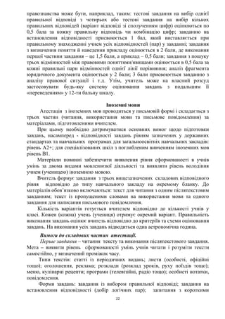 22
правознавства може бути, наприклад, таким: тестові завдання на вибір однієї
правильної відповіді з чотирьох або тестові завдання на вибір кількох
правильних відповідей (варіант відповіді зі сполученням цифр) оцінюються по
0,5 бала за кожну правильну відповідь чи комбінацію цифр; завданню на
встановлення відповідності присвоюється 1 бал, який виставляється при
правильному знаходженні учнем усіх відповідностей (пар) у завданні; завдання
з визначення поняття й наведення прикладу оцінюється в 2 бали, де виконання
першої частини завдання – це 1,5 бали, а приклад – 0,5 бали; завдання з пошуку
трьох відмінностей між правовими поняттями/явищами оцінюється в 0,5 бала за
кожні правильні пари відмінностей однієї лінії порівняння; аналіз фрагмента
юридичного документа оцінюється у 2 бали; 3 бали присвоюється завданню з
аналізу правової ситуації і т.д. Утім, учитель може на власний розсуд
застосовувати будь-яку систему оцінювання завдань з подальшим її
«переведенням» у 12-ти бальну шкалу.
Іноземні мови
Атестація з іноземних мов проводиться у письмовій формі і складається з
трьох частин (читання, використання мови та письмове повідомлення) за
матеріалами, підготовленими вчителем.
При цьому необхідно дотримуватися основних вимог щодо підготовки
завдань, насамперед - відповідності завдань рівням зазначених у державних
стандартах та навчальних програмах для загальноосвітніх навчальних закладів:
рівень А2+; для спеціалізованих шкіл з поглибленим вивченням іноземних мов
рівень В1.
Матеріали повинні забезпечити виявлення рівня сформованості в учнів
умінь за двома видами мовленнєвої діяльності та виявляти рівень володіння
учнем (ученицею) іноземною мовою.
Вчитель формує завдання з трьох вищезазначених складових відповідного
рівня відповідно до типу навчального закладу на окремому бланку. До
матеріалів обов’язково включаються: текст для читання з одним післятекстовим
завданням; текст із пропущеними словами на використання мови та одного
завдання для написання письмового повідомлення.
Кількість варіантів готується вчителем відповідно до кількості учнів у
класі. Кожен (кожна) учень (учениця) отримує окремий варіант. Правильність
виконання завдань оцінює вчитель відповідно до критеріїв та схеми оцінювання
завдань. На виконання усіх завдань відводиться одна астрономічна година.
Вимоги до складових частин атестації.
Перше завдання – читання тексту та виконання післятекстового завдання.
Мета – виявити рівень сформованості умінь учнів читати і розуміти тексти
самостійно, у визначений проміжок часу.
Типи текстів: статті із періодичних видань; листи (особисті, офіційні
тощо); оголошення, реклама; розклади (розклад уроків, руху поїздів тощо);
меню, кулінарні рецепти; програми (телевізійні, радіо тощо); особисті нотатки,
повідомлення.
Форми завдань: завдання із вибором правильної відповіді; завдання на
встановлення відповідності (добір логічних пар); запитання з короткими
 