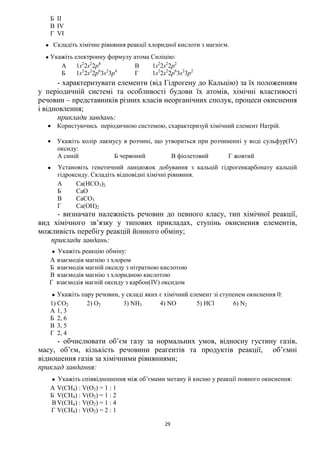 29
Б II
В IV
Г VI
 Складіть хімічне рівняння реакції хлоридної кислоти з магнієм.
 Укажіть електронну формулу атома Силіцію:
А 1s2
2s2
2p4
В 1s2
2s2
2p2
Б 1s2
2s2
2p6
3s2
3p4
Г 1s2
2s2
2p6
3s2
3p2
- характеризувати елементи (від Гідрогену до Кальцію) за їх положенням
у періодичній системі та особливості будови їх атомів, хімічні властивості
речовин – представників різних класів неорганічних сполук, процеси окиснення
і відновлення;
приклади завдань:
 Користуючись періодичною системою, схарактеризуй хімічний елемент Натрій.
 Укажіть колір лакмусу в розчині, що утвориться при розчиненні у воді сульфур(IV)
оксиду:
А синій Б червоний В фіолетовий Г жовтий
 Установіть генетичний ланцюжок добування з кальцій гідрогенкарбонату кальцій
гідроксиду. Складіть відповідні хімічні рівняння.
А Са(НСО3)2
Б СаО
В СаСО3
Г Са(ОН)2
- визначати належність речовин до певного класу, тип хімічної реакції,
вид хімічного зв’язку у типових прикладах, ступінь окиснення елементів,
можливість перебігу реакцій йонного обміну;
приклади завдань:
 Укажіть реакцію обміну:
А взаємодія магнію з хлором
Б взаємодія магній оксиду з нітратною кислотою
В взаємодія магнію з хлоридною кислотою
Г взаємодія магній оксиду з карбон(IV) оксидом
 Укажіть пару речовин, у складі яких є хімічний елемент зі ступенем окиснення 0:
1) CO2 2) O2 3) NH3 4) NO 5) HCl 6) N2
А 1, 3
Б 2, 6
В 3, 5
Г 2, 4
- обчислювати об’єм газу за нормальних умов, відносну густину газів,
масу, об’єм, кількість речовини реагентів та продуктів реакції, об’ємні
відношення газів за хімічними рівняннями;
приклад завдання:
 Укажіть співвідношення між об’ємами метану й кисню у реакції повного окиснення:
А V(CH4) : V(O2) = 1 : 1
Б V(CH4) : V(O2) = 1 : 2
ВV(CH4) : V(O2) = 1 : 4
Г V(CH4) : V(O2) = 2 : 1
 