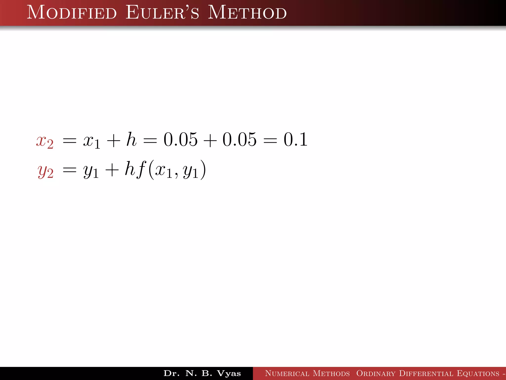Modified Euler’s Method
x2 = x1 + h = 0.05 + 0.05 = 0.1
y2 = y1 + hf(x1, y1)
Dr. N. B. Vyas Numerical Methods Ordinary Differential Equations -
 