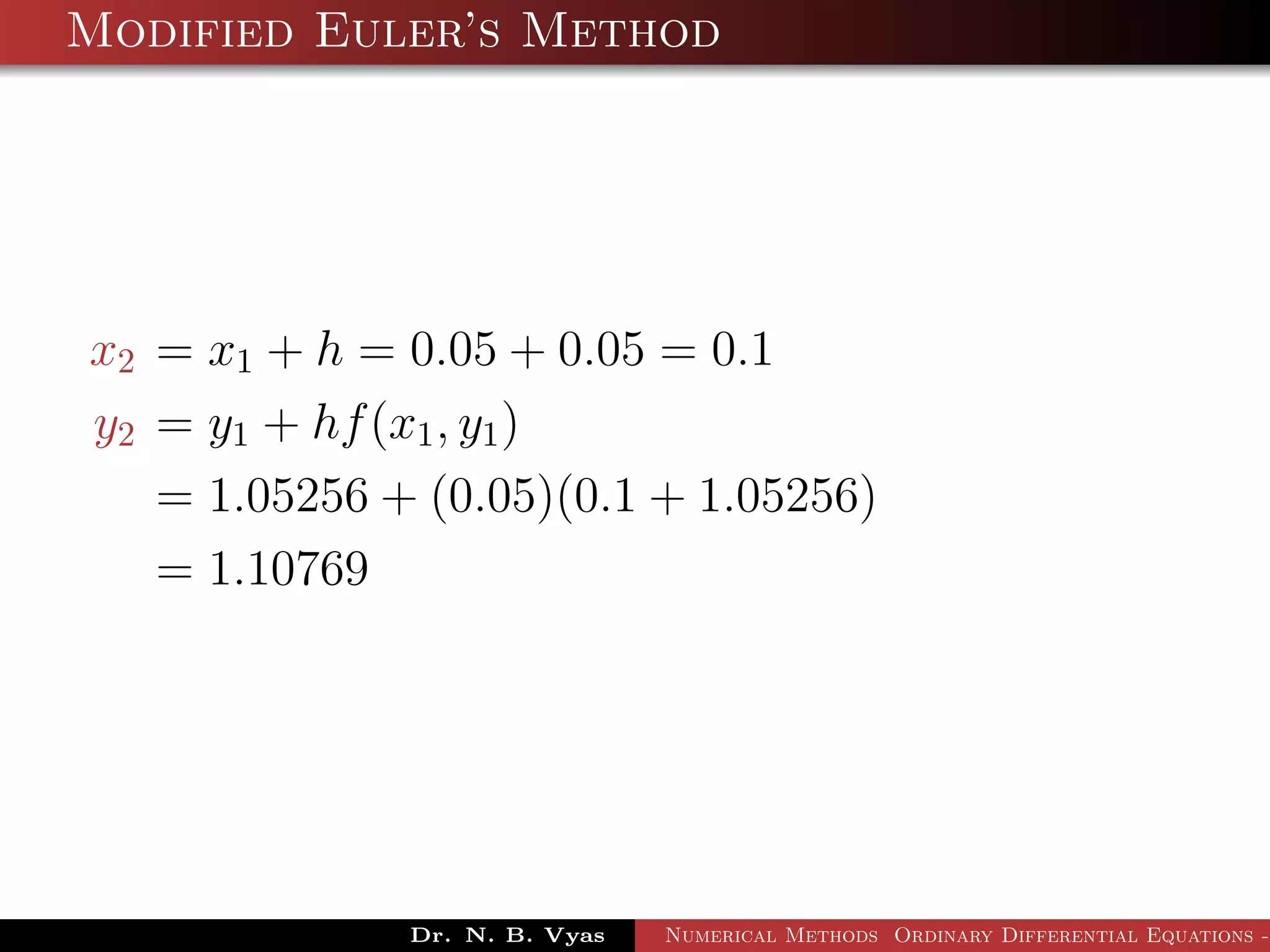 Modified Euler’s Method
x2 = x1 + h = 0.05 + 0.05 = 0.1
y2 = y1 + hf(x1, y1)
= 1.05256 + (0.05)(0.1 + 1.05256)
= 1.10769
Dr. N. B. Vyas Numerical Methods Ordinary Differential Equations -
 