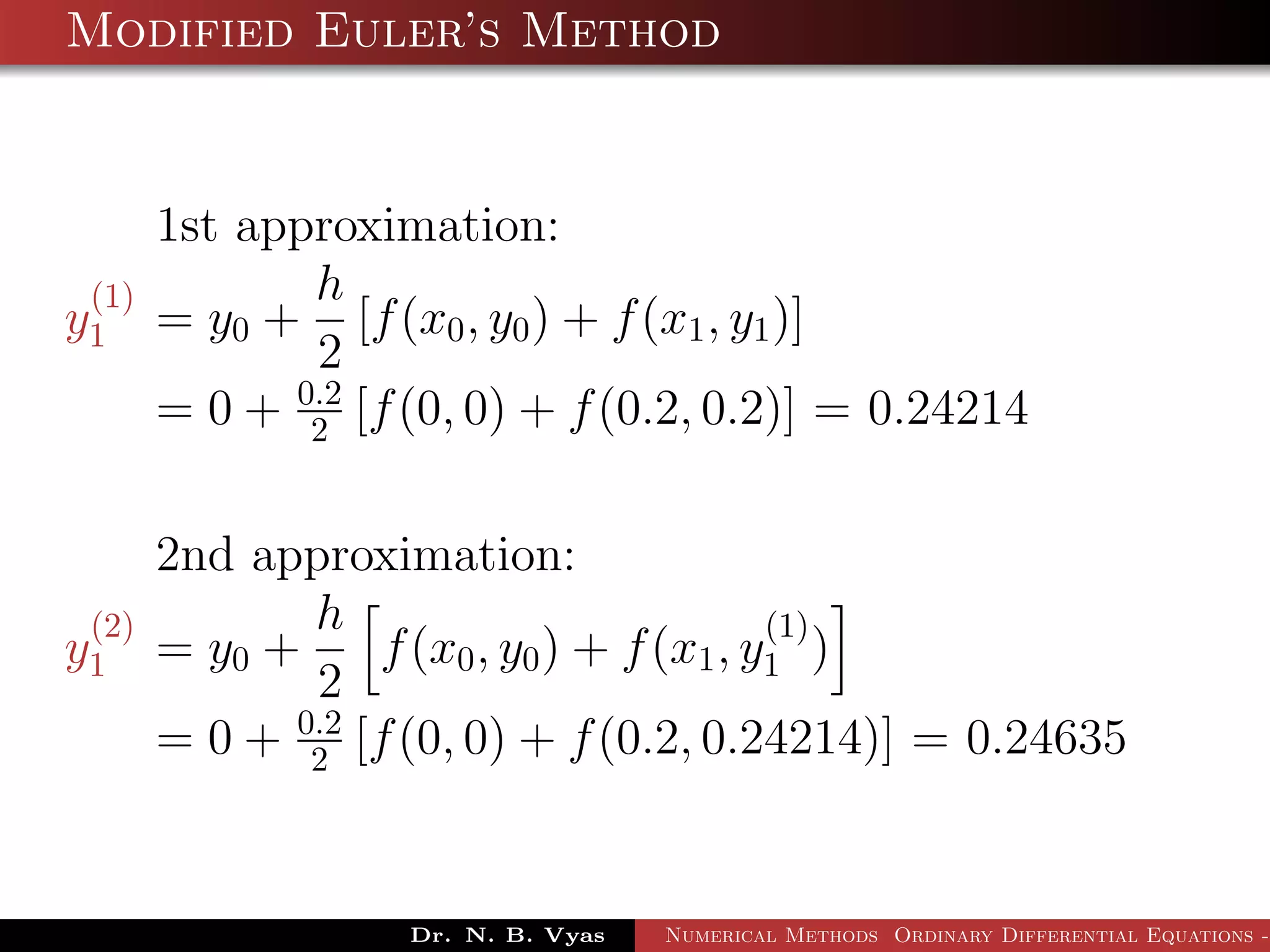 Modified Euler’s Method
1st approximation:
y
(1)
1 = y0 +
h
2
[f(x0, y0) + f(x1, y1)]
= 0 + 0.2
2 [f(0, 0) + f(0.2, 0.2)] = 0.24214
2nd approximation:
y
(2)
1 = y0 +
h
2
f(x0, y0) + f(x1, y
(1)
1 )
= 0 + 0.2
2 [f(0, 0) + f(0.2, 0.24214)] = 0.24635
Dr. N. B. Vyas Numerical Methods Ordinary Differential Equations -
 