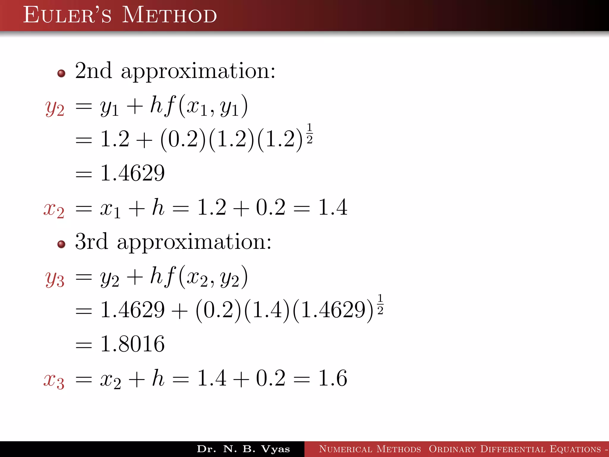 Euler’s Method
2nd approximation:
y2 = y1 + hf(x1, y1)
= 1.2 + (0.2)(1.2)(1.2)
1
2
= 1.4629
x2 = x1 + h = 1.2 + 0.2 = 1.4
3rd approximation:
y3 = y2 + hf(x2, y2)
= 1.4629 + (0.2)(1.4)(1.4629)
1
2
= 1.8016
x3 = x2 + h = 1.4 + 0.2 = 1.6
Dr. N. B. Vyas Numerical Methods Ordinary Differential Equations -
 