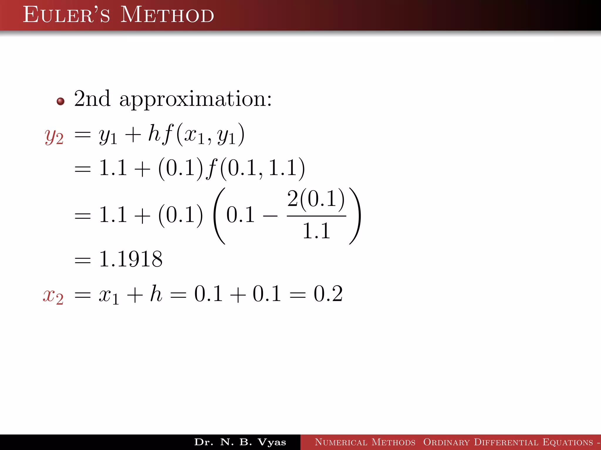 Euler’s Method
2nd approximation:
y2 = y1 + hf(x1, y1)
= 1.1 + (0.1)f(0.1, 1.1)
= 1.1 + (0.1) 0.1 −
2(0.1)
1.1
= 1.1918
x2 = x1 + h = 0.1 + 0.1 = 0.2
Dr. N. B. Vyas Numerical Methods Ordinary Differential Equations -
 