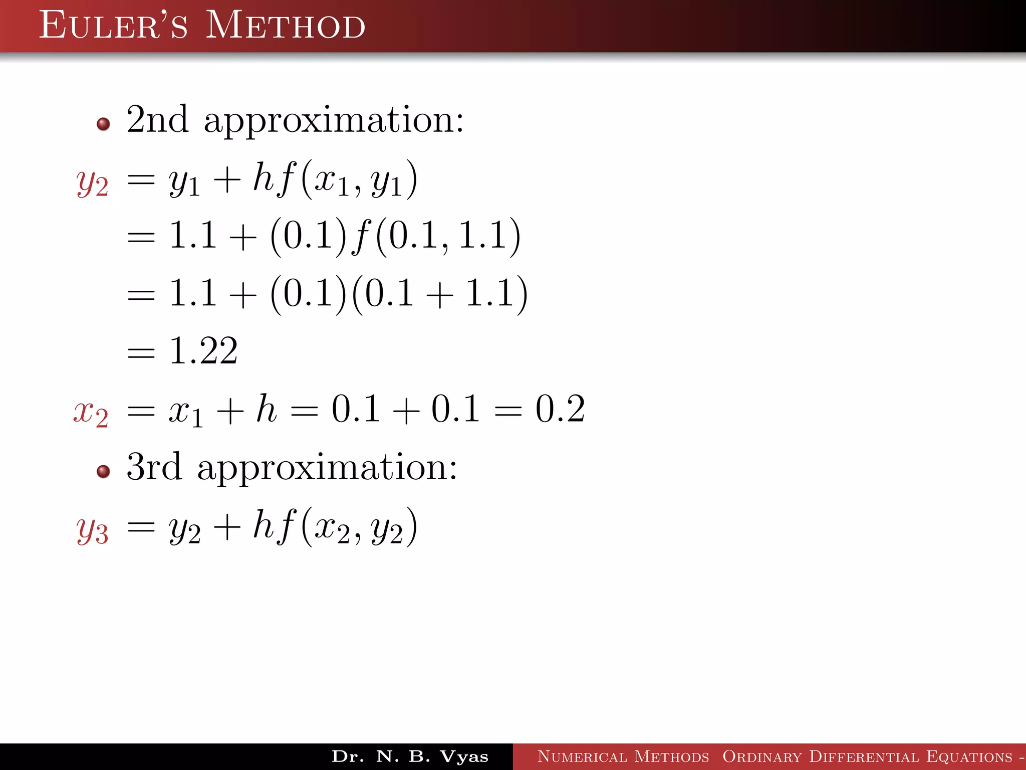 Euler’s Method
2nd approximation:
y2 = y1 + hf(x1, y1)
= 1.1 + (0.1)f(0.1, 1.1)
= 1.1 + (0.1)(0.1 + 1.1)
= 1.22
x2 = x1 + h = 0.1 + 0.1 = 0.2
3rd approximation:
y3 = y2 + hf(x2, y2)
Dr. N. B. Vyas Numerical Methods Ordinary Differential Equations -
 