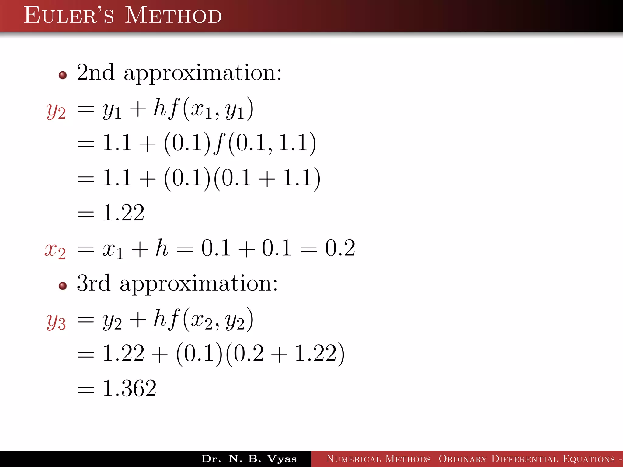 Euler’s Method
2nd approximation:
y2 = y1 + hf(x1, y1)
= 1.1 + (0.1)f(0.1, 1.1)
= 1.1 + (0.1)(0.1 + 1.1)
= 1.22
x2 = x1 + h = 0.1 + 0.1 = 0.2
3rd approximation:
y3 = y2 + hf(x2, y2)
= 1.22 + (0.1)(0.2 + 1.22)
= 1.362
Dr. N. B. Vyas Numerical Methods Ordinary Differential Equations -
 