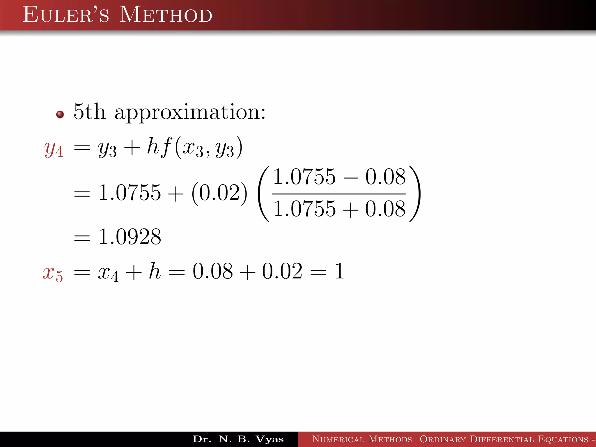 Euler’s Method
5th approximation:
y4 = y3 + hf(x3, y3)
= 1.0755 + (0.02)
1.0755 − 0.08
1.0755 + 0.08
= 1.0928
x5 = x4 + h = 0.08 + 0.02 = 1
Dr. N. B. Vyas Numerical Methods Ordinary Differential Equations -
 
