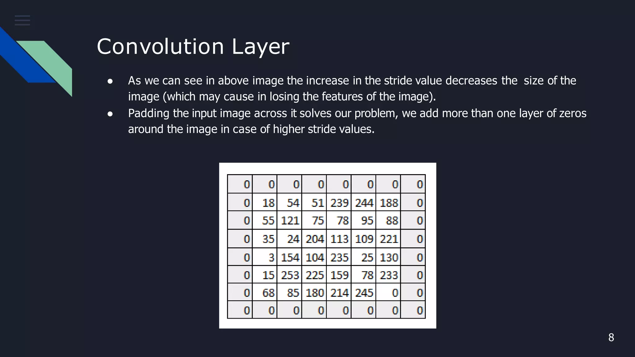 Convolution Layer
● As we can see in above image the increase in the stride value decreases the size of the
image (which may cause in losing the features of the image).
● Padding the input image across it solves our problem, we add more than one layer of zeros
around the image in case of higher stride values.
8
 