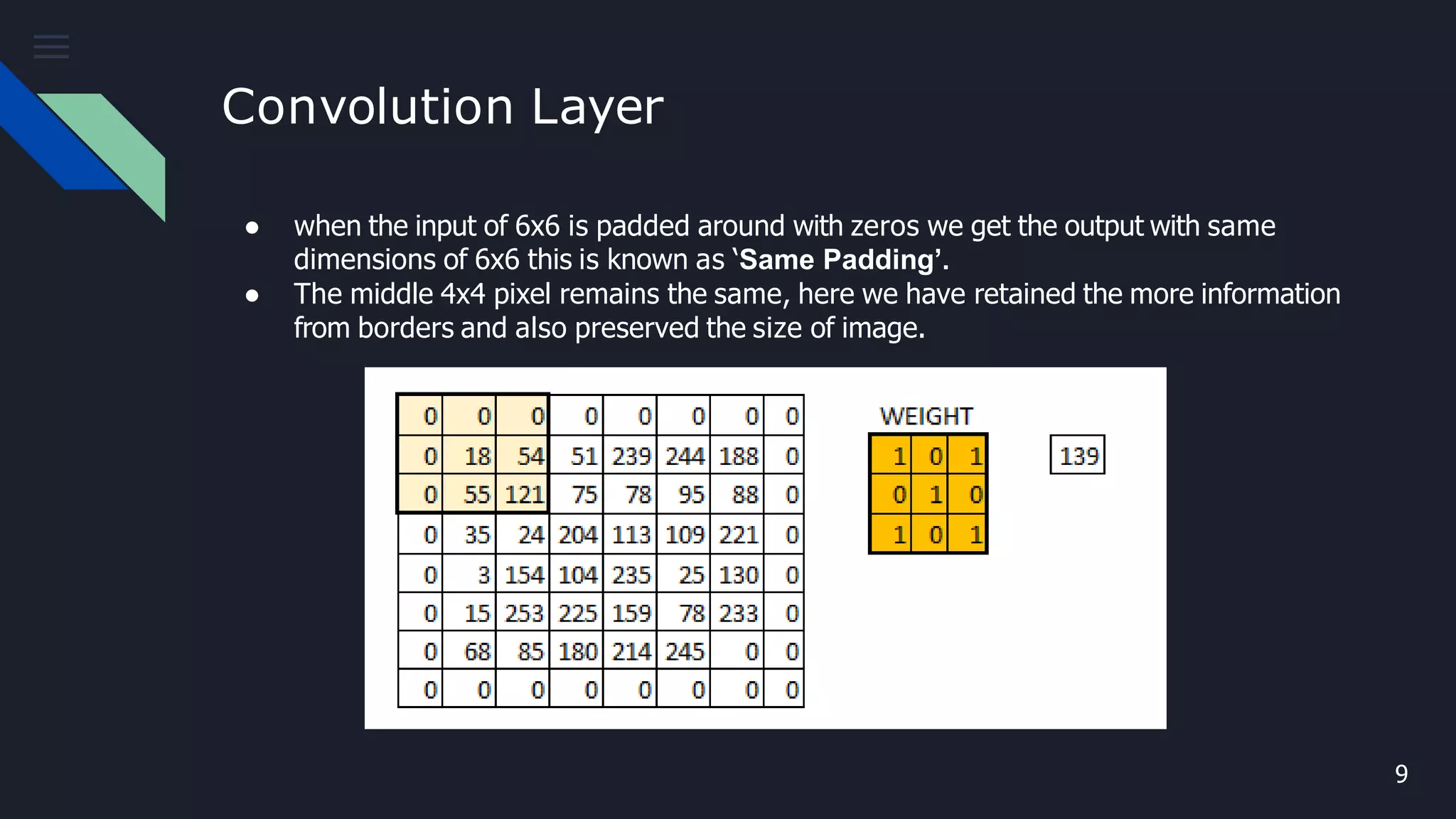 Convolution Layer
● when the input of 6x6 is padded around with zeros we get the output with same
dimensions of 6x6 this is known as ‘Same Padding’.
● The middle 4x4 pixel remains the same, here we have retained the more information
from borders and also preserved the size of image.
9
 