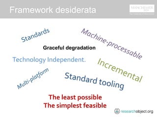 Framework desiderata
	
  
	
  
	
  
	
  
Technology	
  Independent.	
  
The	
  least	
  possible	
  
The	
  simplest	
  fe...