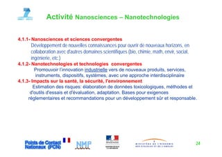 Activité Nanosciences – Nanotechnologies

4.1.1- Nanosciences et sciences convergentes
      Développement de nouvelles connaissances pour ouvrir de nouveaux horizons, en
      collaboration avec d'autres domaines scientifiques (bio, chimie, math, envir, social,
      ingénierie, etc.)
        g             )
4.1.2- Nanotechnologies et technologies convergentes
         Promouvoir l’innovation industrielle vers de nouveaux produits, services,
         instruments, dispositifs, systèmes, avec une approche interdisciplinaire
4.1.3- Impacts sur la santé, la sécurité, l'environnement
        Estimation des risques: élaboration de données toxicologiques, méthodes et
      d'outils d'essais et d'évaluation, adaptation. Bases pour exigences
     réglementaires et recommandations pour un développement sûr et responsable.




                                                                                              24
 