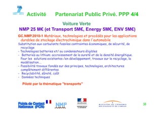 Activité           Partenariat Public Privé. PPP 4/4
                Voiture Verte
NMP 25 M€ ( Transport 5M€, Energy 5M€, ENV 5M€)
          (et    p       ,     gy    ,        )
GC.NMP.2010-1 Matériaux, technologies et procédés pour les applications
 durables de stockage électrochimique dans l'automobile
Substitution aux carburants fossiles contraintes économiques de sécurité, de
                                                  économiques,      sécurité
  recyclage
- Technologies batteries et/ ou condensateurs éligibles
- Batteries au lithium: accroissement de la sureté et de la densité énergétique.
  Pour les solutions existantes /en développement, travaux sur le recyclage, la
  modélisation….
- Possibilité travaux fondés sur des principes, technologies, architectures
  complètement différentes
- Recyclabilité, sûreté, coût
- Données techniques

   Piloté
   Pil té par la thématique "transports"
              l thé ti      "t       t "




                                                                                   38
 