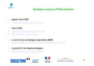 Q q
                              Quelques sources d’informations


•   Appels 7eme PCRD
•   http://cordis.europa.eu/fp7/dc/index.cfm

•   7ème PCRD
•   http://cordis.europa.eu/fp7/home_en.html
•   http://ec.europa.eu/research/fp7/

•   Le site CE des technologies industrielles (NMP)
    http://ec.europa.eu/research/industrial_technologies/index_en.html

•   Le portail CE des Nanotechnologies:
•   http://cordis.europa.lu/nanotechnologies



                                                                         43
 