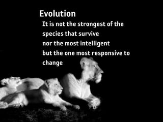Evolution
It is not the strongest of the
species that survive
nor the most intelligent
but the one most responsive to
change