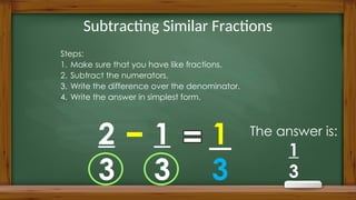 Subtracting Similar Fractions
Steps:
1. Make sure that you have like fractions.
2. Subtract the numerators.
3. Write the difference over the denominator.
4. Write the answer in simplest form.
2
3
1
3
1
3
The answer is:
1
3
 