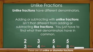 Unlike Fractions
Unlike fractions have different denominators.
Adding or subtracting with unlike fractions
isn’t that different from adding or
subtracting like fractions. You just have to
find what their denominators have in
common.
2
3
5
6
5
8
3
4
These are all unlike or dissimilar fractions.
 