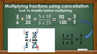 Multiplying fractions using cancellation
Look to simplify before multiplying.
 