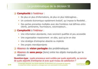 4/39
©Copyright Sapientis, tous droits réservés. Ce document est la propriété de Sapientis.
Il ne peut être utilisé, reproduit ou divulgué sans son autorisation écrite préalable
La problématique de la décision SI
Complexité à l'extérieur :
De plus en plus d’informations, de plus en plus hétérogènes…
Un contexte économique rapidement évolutif, qui impose la flexibilité…
Des parties prenantes multiples avec des frontières mal définies entre
clients, partenaires, fournisseurs, coconcepteurs…
Complexité à l'intérieur :
Une information abondante, mais rarement qualifiée et peu accessible
Une organisation massivement en silos, quoi qu’on en dise
Une stratégie d’entreprise absente ou implicite
Des projets interdépendants
Absence de vision partagée des problématiques
Absence de sens perçu (liens) entre les objets manipulés par la
décision
Question-type : quels processus sont outillés par quels applicatifs, au service
de quels objectifs d’entreprise et avec quel niveau de satisfaction ?
 