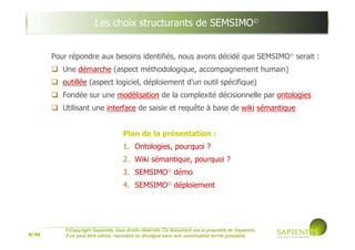 9/39
©Copyright Sapientis, tous droits réservés. Ce document est la propriété de Sapientis.
Il ne peut être utilisé, reproduit ou divulgué sans son autorisation écrite préalable
Pour répondre aux besoins identifiés, nous avons décidé que SEMSIMO© serait :
Une démarche (aspect méthodologique, accompagnement humain)
outillée (aspect logiciel, déploiement d’un outil spécifique)
Fondée sur une modélisation de la complexité décisionnelle par ontologies
Utilisant une interface de saisie et requête à base de wiki sémantique
Plan de la présentation :
1. Ontologies, pourquoi ?
2. Wiki sémantique, pourquoi ?
3. SEMSIMO© démo
4. SEMSIMO© déploiement
Les choix structurants de SEMSIMO©
 
