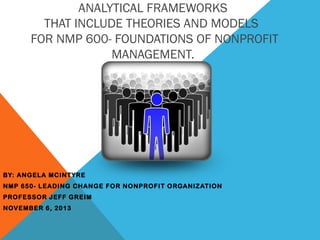 ANALYTICAL FRAMEWORKS
THAT INCLUDE THEORIES AND MODELS
FOR NMP 600- FOUNDATIONS OF NONPROFIT
MANAGEMENT.

BY: ANGELA MCINTYRE
NMP 650- LEADING CHANGE FOR NONPROFIT ORGANIZATION
PROFESSOR JEFF GREIM
NOVEMBER 6, 2013

 