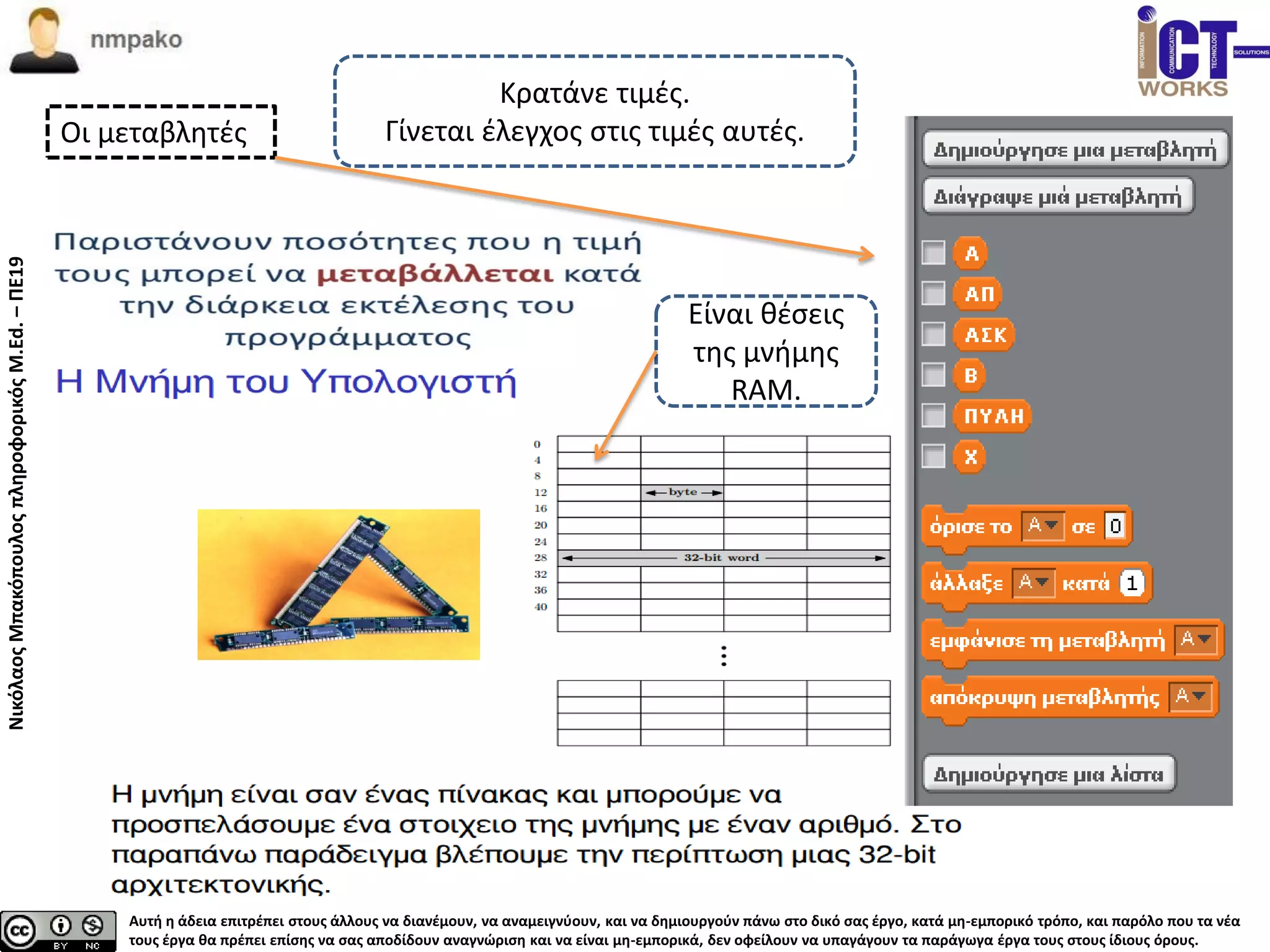 Αυτή η άδεια επιτρέπει στους άλλους να διανέμουν, να αναμειγνύουν, και να δημιουργούν πάνω στο δικό σας έργο, κατά μη-εμπορικό τρόπο, και παρόλο που τα νέα
τους έργα θα πρέπει επίσης να σας αποδίδουν αναγνώριση και να είναι μη-εμπορικά, δεν οφείλουν να υπαγάγουν τα παράγωγα έργα τους στους ίδιους όρους.
ΝικόλαοςΜπακόπουλοςπληροφορικόςM.Ed.–ΠΕ19
Οι μεταβλητές
Κρατάνε τιμές.
Γίνεται έλεγχος στις τιμές αυτές.
Είναι θέσεις
της μνήμης
RΑΜ.
 