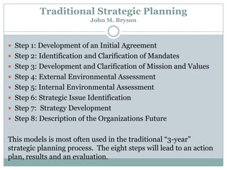 Traditional Strategic Planning
John M. Bryson

 Step 1: Development of an Initial Agreement
 Step 2: Identification and Clarification of Mandates
 Step 3: Development and Clarification of Mission and Values
 Step 4: External Environmental Assessment
 Step 5: Internal Environmental Assessment

 Step 6: Strategic Issue Identification
 Step 7: Strategy Development
 Step 8: Description of the Organizations Future

This models is most often used in the traditional ―3-year‖
strategic planning process. The eight steps will lead to an action
plan, results and an evaluation.

 