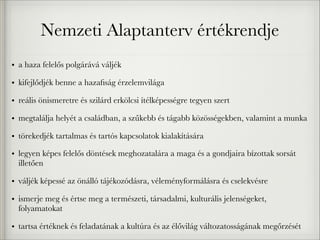 Nemzeti Alaptanterv értékrendje
• a haza felelős polgárává váljék
• kifejlődjék benne a hazaﬁság érzelemvilága
• reális önismeretre és szilárd erkölcsi ítélképességre tegyen szert
• megtalálja helyét a családban, a szűkebb és tágabb közösségekben, valamint a munka
• törekedjék tartalmas és tartós kapcsolatok kialakítására
• legyen képes felelős döntések meghozatalára a maga és a gondjaira bízottak sorsát
illetően
• váljék képessé az önálló tájékozódásra, véleményformálásra és cselekvésre
• ismerje meg és értse meg a természeti, társadalmi, kulturális jelenségeket,
folyamatokat
• tartsa értéknek és feladatának a kultúra és az élővilág változatosságának megőrzését
 