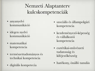 Nemzeti Alaptanterv
kulcskompetenciák
• anyanyelvi
kommunikáció
• idegen nyelvi
kommunikáció
• matematikai
kompetencia
• természettudományos és
technikai kompetencia
• digitális kompetecia
• szociális és állampolgári
kompetencia
• kezdeményező-képesség
és vállalkozói
kompetencia
• esztétikai-művészeti
tudatosság és
kifejezőkészség
• hatékony, önálló tanulás
 