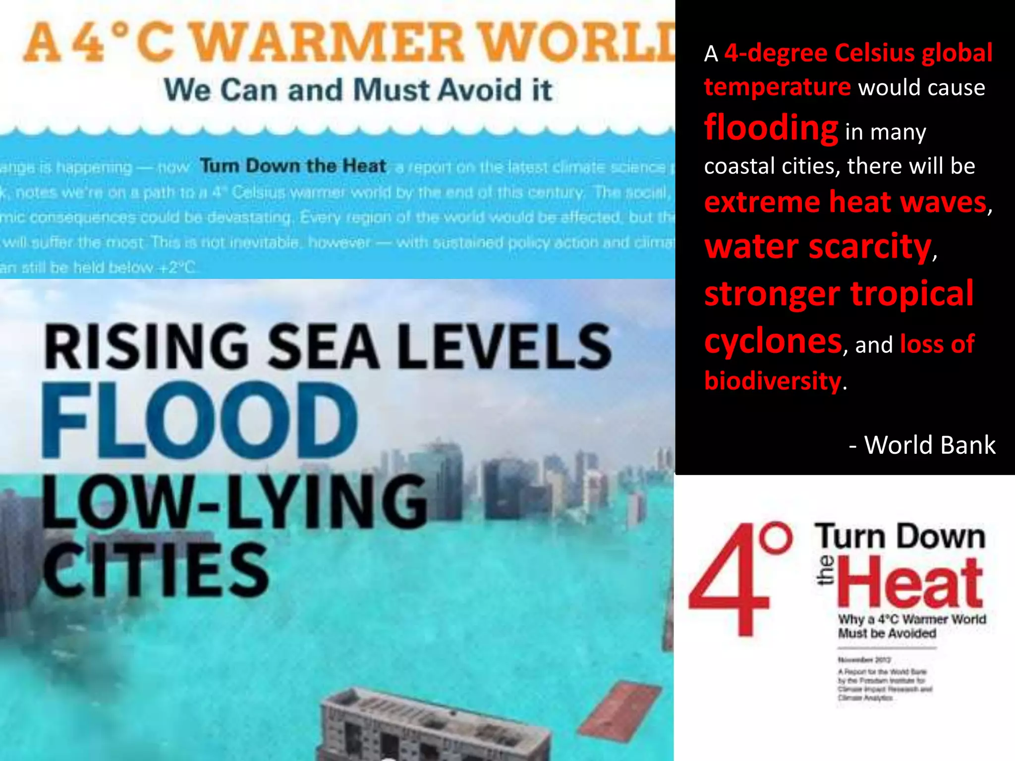 A 4-degree Celsius global
temperature would cause
floodingin many
coastal cities, there will be
extreme heat waves,
water scarcity,
stronger tropical
cyclones, and loss of
biodiversity.
- World Bank