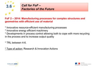 3.6

1

Call for FoF –
Factories of the Future

FoF 2 – 2014: Manufacturing processes for complex structures and
geometries with efficient use of material
* Innovative resource-efficient manufacturing processes
* Innovative energy efficient machinery
* Developments in process control allowing both to cope with more recycling
in the process and to increase output quality
* TRL between 4-6.
* Type of action: Research & Innovation Actions

 