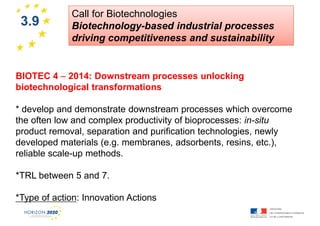 3.9

1

Call for Biotechnologies
Biotechnology-based industrial processes
driving competitiveness and sustainability

BIOTEC 4 – 2014: Downstream processes unlocking
biotechnological transformations
* develop and demonstrate downstream processes which overcome
the often low and complex productivity of bioprocesses: in-situ
product removal, separation and purification technologies, newly
developed materials (e.g. membranes, adsorbents, resins, etc.),
reliable scale-up methods.
*TRL between 5 and 7.
*Type of action: Innovation Actions

 