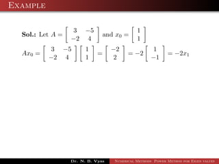 Example
Sol.: Let A =
3 −5
−2 4
and x0 =
1
1
Ax0 =
3 −5
−2 4
1
1
=
−2
2
= −2
1
−1
= −2x1
Dr. N. B. Vyas Numerical Methods Power Method for Eigen values
 