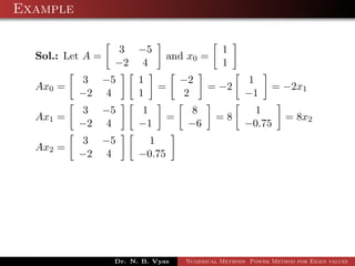 Example
Sol.: Let A =
3 −5
−2 4
and x0 =
1
1
Ax0 =
3 −5
−2 4
1
1
=
−2
2
= −2
1
−1
= −2x1
Ax1 =
3 −5
−2 4
1
−1
=
8
−6
= 8
1
−0.75
= 8x2
Ax2 =
3 −5
−2 4
1
−0.75
Dr. N. B. Vyas Numerical Methods Power Method for Eigen values
 