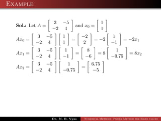Example
Sol.: Let A =
3 −5
−2 4
and x0 =
1
1
Ax0 =
3 −5
−2 4
1
1
=
−2
2
= −2
1
−1
= −2x1
Ax1 =
3 −5
−2 4
1
−1
=
8
−6
= 8
1
−0.75
= 8x2
Ax2 =
3 −5
−2 4
1
−0.75
=
6.75
−5
Dr. N. B. Vyas Numerical Methods Power Method for Eigen values
 