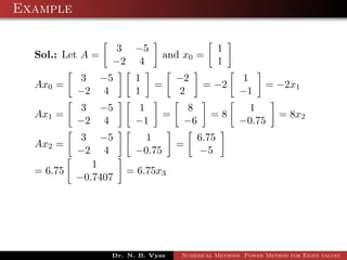 Example
Sol.: Let A =
3 −5
−2 4
and x0 =
1
1
Ax0 =
3 −5
−2 4
1
1
=
−2
2
= −2
1
−1
= −2x1
Ax1 =
3 −5
−2 4
1
−1
=
8
−6
= 8
1
−0.75
= 8x2
Ax2 =
3 −5
−2 4
1
−0.75
=
6.75
−5
= 6.75
1
−0.7407
= 6.75x3
Dr. N. B. Vyas Numerical Methods Power Method for Eigen values
 
