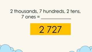 2 thousands, 7 hundreds, 2 tens,
7 ones = _____________
2 727
 