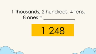 1 thousands, 2 hundreds, 4 tens,
8 ones = _____________
1 248
 