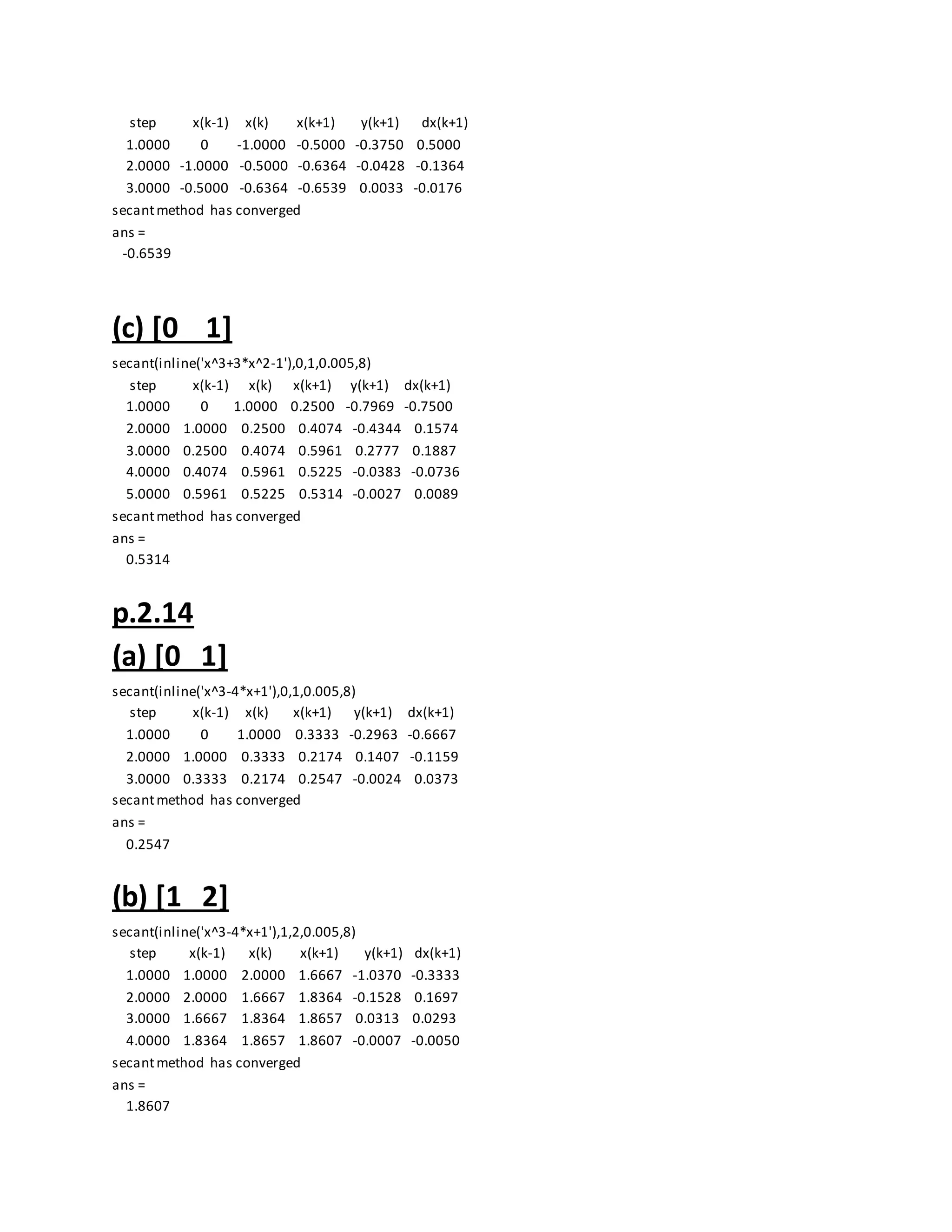 step x(k-1) x(k) x(k+1) y(k+1) dx(k+1)
1.0000 0 -1.0000 -0.5000 -0.3750 0.5000
2.0000 -1.0000 -0.5000 -0.6364 -0.0428 -0.1364
3.0000 -0.5000 -0.6364 -0.6539 0.0033 -0.0176
secantmethod has converged
ans =
-0.6539
(c) [0 1]
secant(inline('x^3+3*x^2-1'),0,1,0.005,8)
step x(k-1) x(k) x(k+1) y(k+1) dx(k+1)
1.0000 0 1.0000 0.2500 -0.7969 -0.7500
2.0000 1.0000 0.2500 0.4074 -0.4344 0.1574
3.0000 0.2500 0.4074 0.5961 0.2777 0.1887
4.0000 0.4074 0.5961 0.5225 -0.0383 -0.0736
5.0000 0.5961 0.5225 0.5314 -0.0027 0.0089
secantmethod has converged
ans =
0.5314
p.2.14
(a) [0 1]
secant(inline('x^3-4*x+1'),0,1,0.005,8)
step x(k-1) x(k) x(k+1) y(k+1) dx(k+1)
1.0000 0 1.0000 0.3333 -0.2963 -0.6667
2.0000 1.0000 0.3333 0.2174 0.1407 -0.1159
3.0000 0.3333 0.2174 0.2547 -0.0024 0.0373
secantmethod has converged
ans =
0.2547
(b) [1 2]
secant(inline('x^3-4*x+1'),1,2,0.005,8)
step x(k-1) x(k) x(k+1) y(k+1) dx(k+1)
1.0000 1.0000 2.0000 1.6667 -1.0370 -0.3333
2.0000 2.0000 1.6667 1.8364 -0.1528 0.1697
3.0000 1.6667 1.8364 1.8657 0.0313 0.0293
4.0000 1.8364 1.8657 1.8607 -0.0007 -0.0050
secantmethod has converged
ans =
1.8607
 