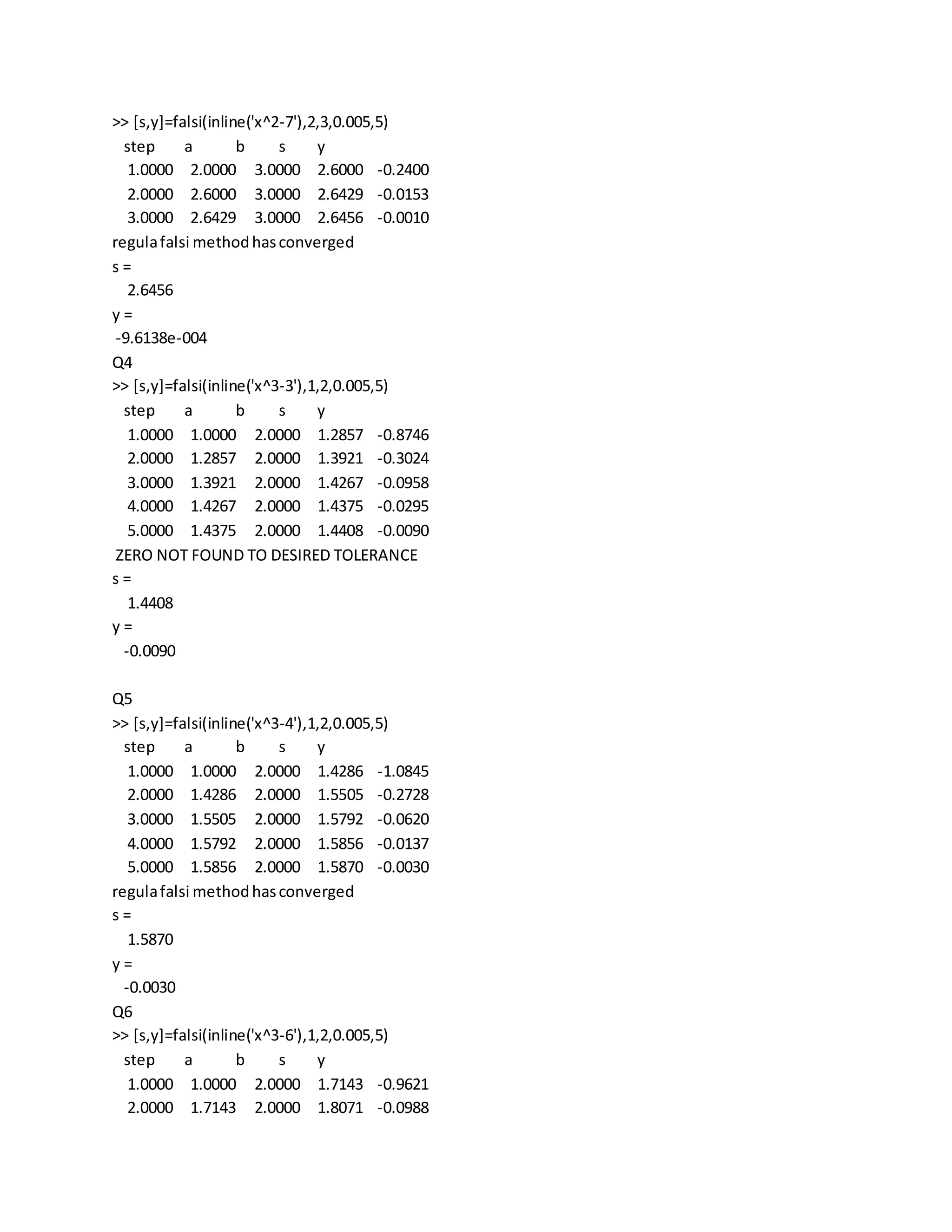 >> [s,y]=falsi(inline('x^2-7'),2,3,0.005,5)
step a b s y
1.0000 2.0000 3.0000 2.6000 -0.2400
2.0000 2.6000 3.0000 2.6429 -0.0153
3.0000 2.6429 3.0000 2.6456 -0.0010
regulafalsi methodhasconverged
s =
2.6456
y =
-9.6138e-004
Q4
>> [s,y]=falsi(inline('x^3-3'),1,2,0.005,5)
step a b s y
1.0000 1.0000 2.0000 1.2857 -0.8746
2.0000 1.2857 2.0000 1.3921 -0.3024
3.0000 1.3921 2.0000 1.4267 -0.0958
4.0000 1.4267 2.0000 1.4375 -0.0295
5.0000 1.4375 2.0000 1.4408 -0.0090
ZERO NOT FOUND TO DESIRED TOLERANCE
s =
1.4408
y =
-0.0090
Q5
>> [s,y]=falsi(inline('x^3-4'),1,2,0.005,5)
step a b s y
1.0000 1.0000 2.0000 1.4286 -1.0845
2.0000 1.4286 2.0000 1.5505 -0.2728
3.0000 1.5505 2.0000 1.5792 -0.0620
4.0000 1.5792 2.0000 1.5856 -0.0137
5.0000 1.5856 2.0000 1.5870 -0.0030
regulafalsi methodhasconverged
s =
1.5870
y =
-0.0030
Q6
>> [s,y]=falsi(inline('x^3-6'),1,2,0.005,5)
step a b s y
1.0000 1.0000 2.0000 1.7143 -0.9621
2.0000 1.7143 2.0000 1.8071 -0.0988
 