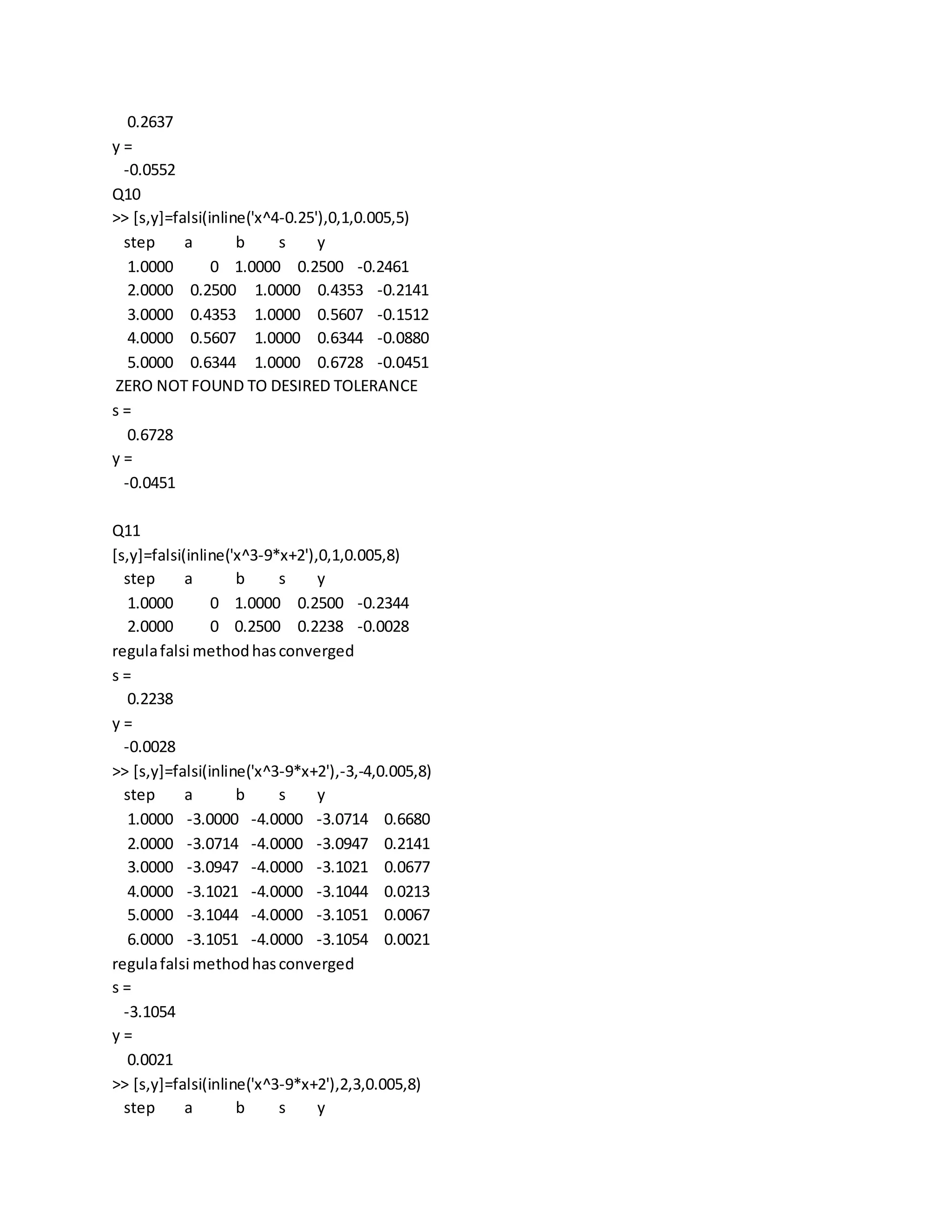 0.2637
y =
-0.0552
Q10
>> [s,y]=falsi(inline('x^4-0.25'),0,1,0.005,5)
step a b s y
1.0000 0 1.0000 0.2500 -0.2461
2.0000 0.2500 1.0000 0.4353 -0.2141
3.0000 0.4353 1.0000 0.5607 -0.1512
4.0000 0.5607 1.0000 0.6344 -0.0880
5.0000 0.6344 1.0000 0.6728 -0.0451
ZERO NOT FOUND TO DESIRED TOLERANCE
s =
0.6728
y =
-0.0451
Q11
[s,y]=falsi(inline('x^3-9*x+2'),0,1,0.005,8)
step a b s y
1.0000 0 1.0000 0.2500 -0.2344
2.0000 0 0.2500 0.2238 -0.0028
regulafalsi methodhasconverged
s =
0.2238
y =
-0.0028
>> [s,y]=falsi(inline('x^3-9*x+2'),-3,-4,0.005,8)
step a b s y
1.0000 -3.0000 -4.0000 -3.0714 0.6680
2.0000 -3.0714 -4.0000 -3.0947 0.2141
3.0000 -3.0947 -4.0000 -3.1021 0.0677
4.0000 -3.1021 -4.0000 -3.1044 0.0213
5.0000 -3.1044 -4.0000 -3.1051 0.0067
6.0000 -3.1051 -4.0000 -3.1054 0.0021
regulafalsi methodhasconverged
s =
-3.1054
y =
0.0021
>> [s,y]=falsi(inline('x^3-9*x+2'),2,3,0.005,8)
step a b s y
 